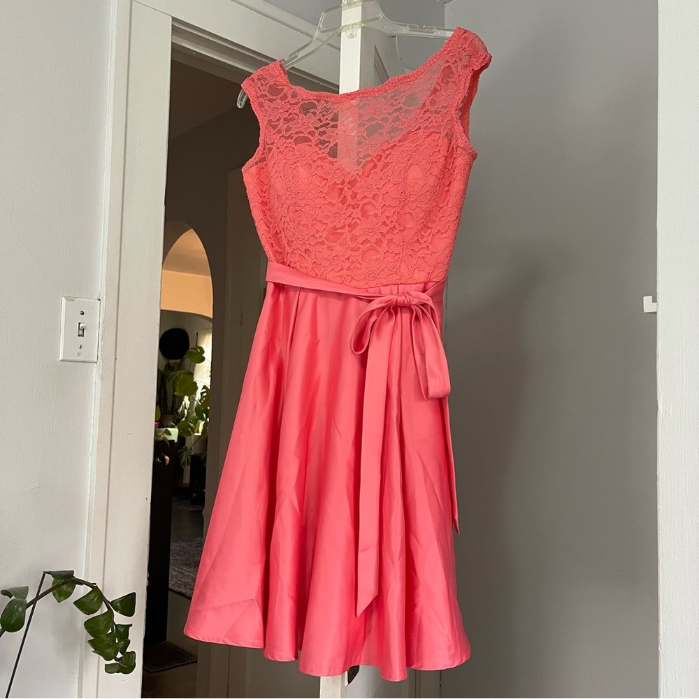 Morliee Madeline Gardner Pink Coral Bridesmaid Dress with Lace Details